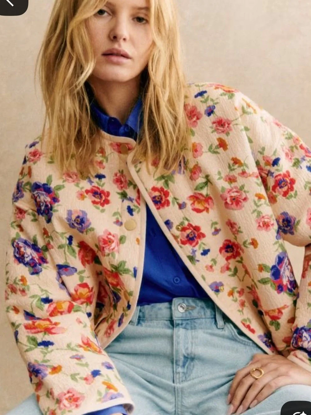 Sezane Cream Quilted Bomber Jacket with Pink & Blue Floral Print - Picture 1 of 6
